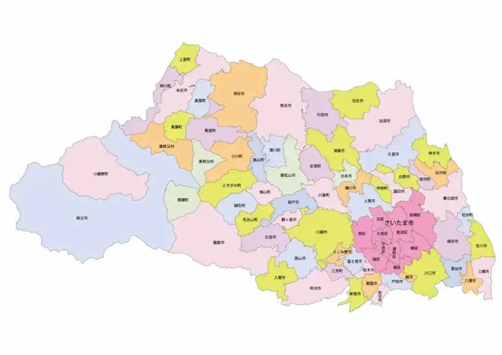 埼玉県全域を色分けした市町村地図